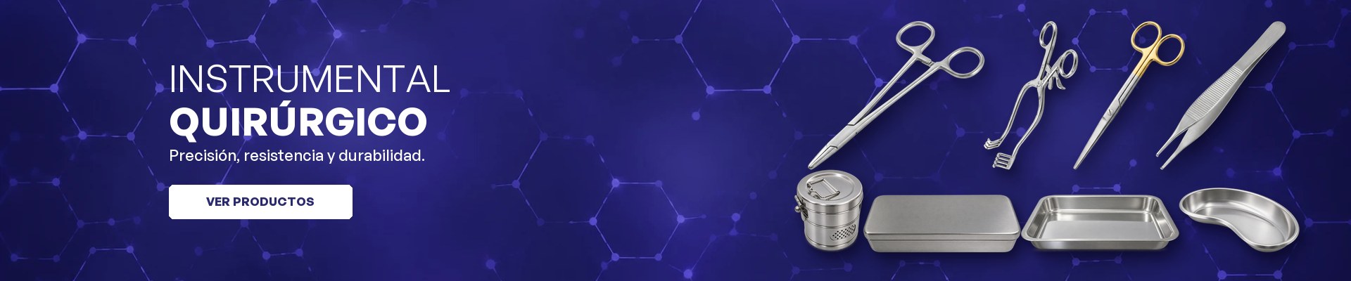 Banner de instrumental quirúrgico: portaagujas, separador, tijera, pinza Adson, tambor, caja, bandeja y riñonera de acero inoxidable (escritorio)