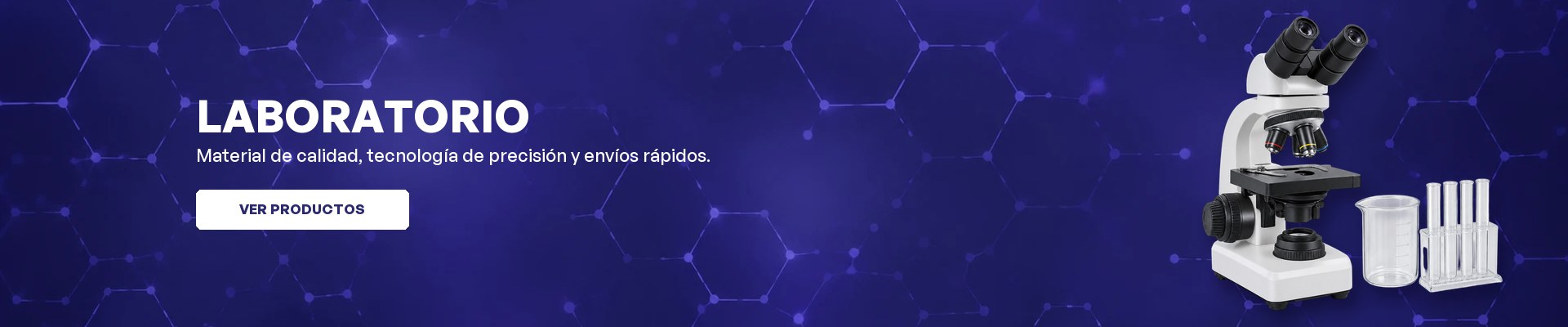 Banner de laboratorio: microscopio, vaso de precipitado y tubos de ensayo (escritorio)