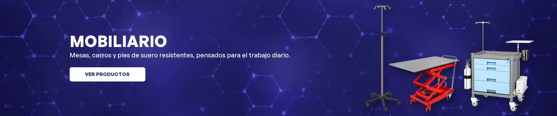 Banner de mobiliario: pie de suero, camilla elevadora y carro de anestesia (escritorio)