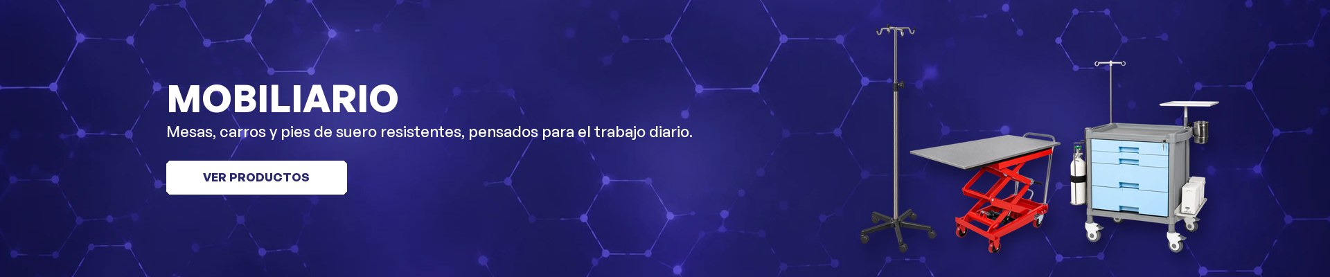 Mobiliario: mesa veterinaria elevadora, carro de curaciones y pie de suero