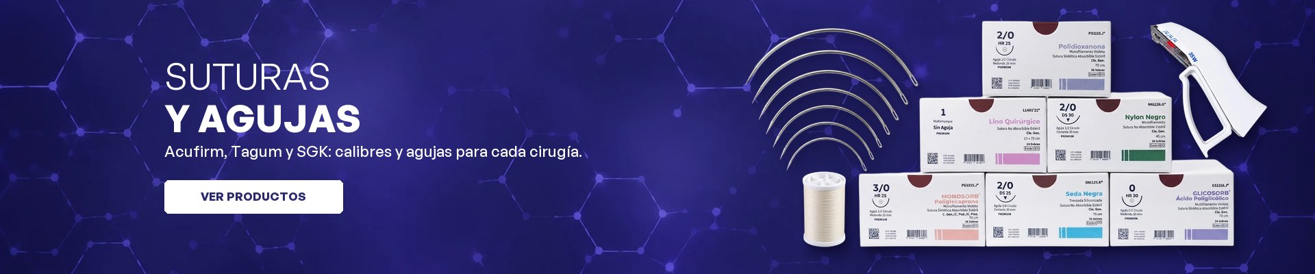Banner de suturas y agujas: agujas curvas, hilo de lino, cajas de suturas y engrapadora descartable (escritorio)